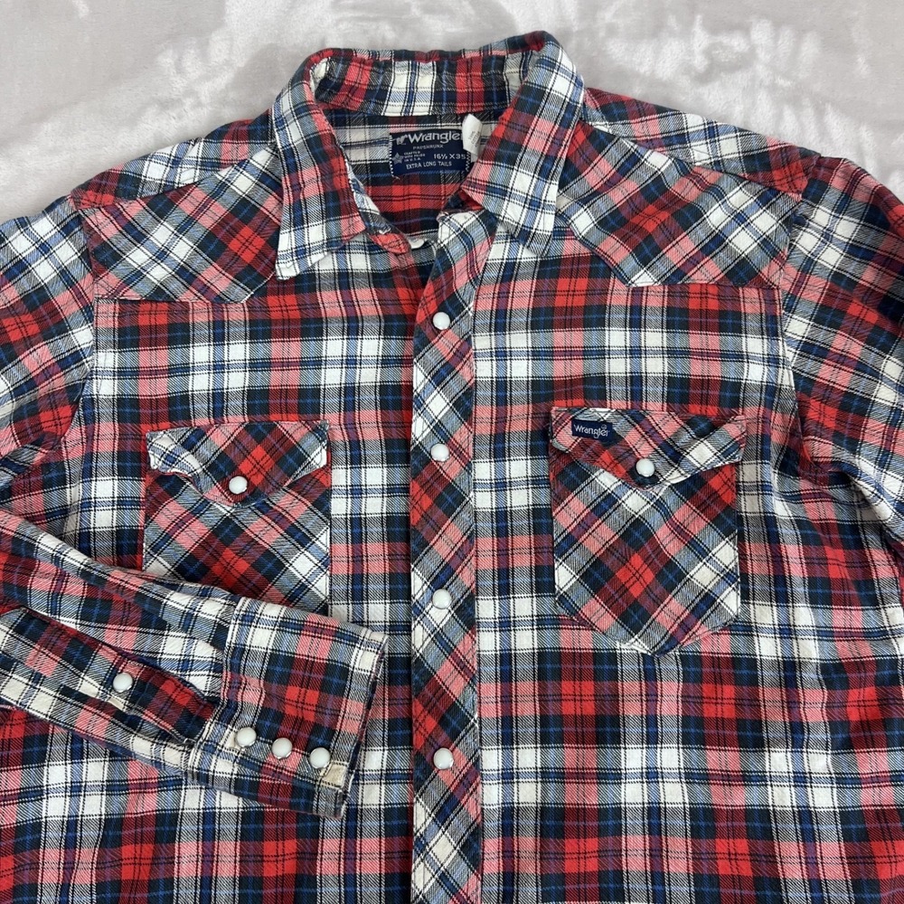 Vintage Wrangler Shirt Mens 16.5x35‎ Pearl Snap X-Long Tails Western Grunge USA
